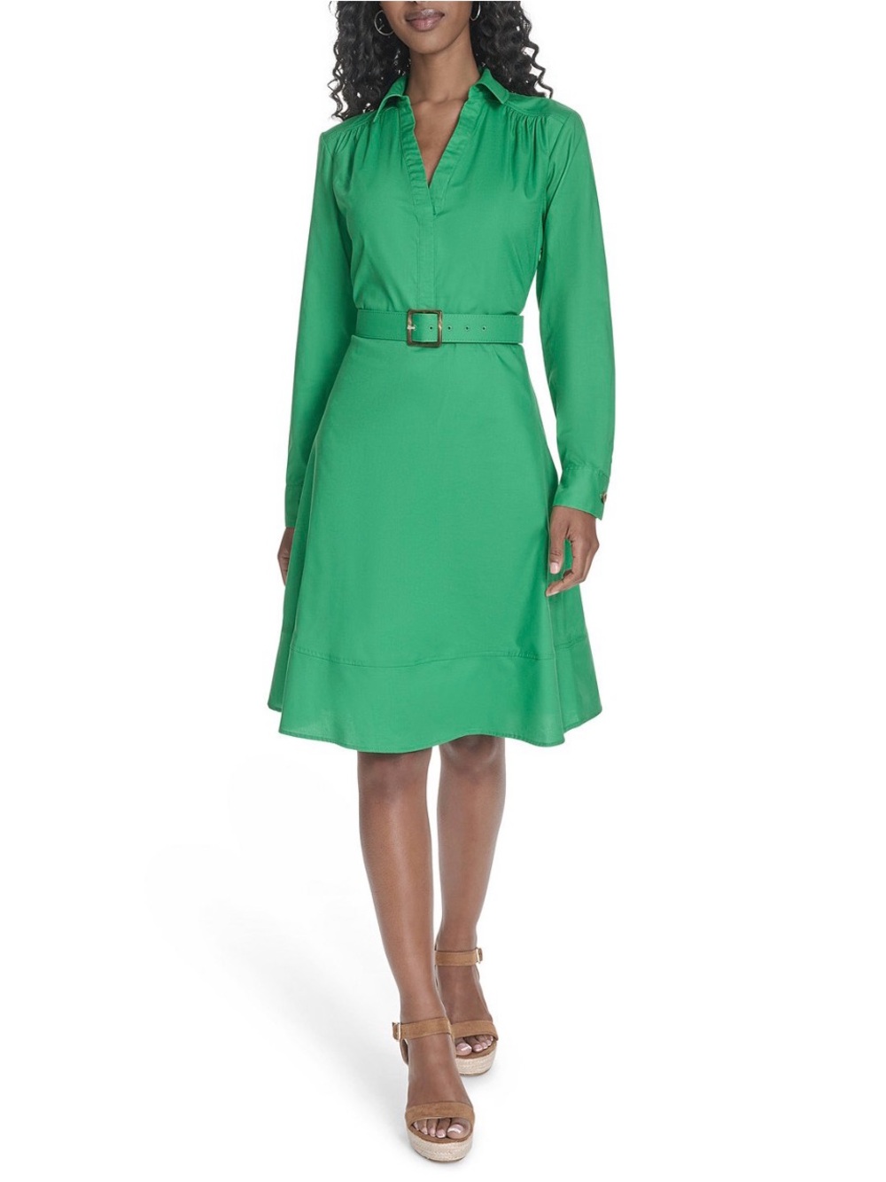 Calvin Klein Emerald Green Long-Sleeve Belted Shirt Dress